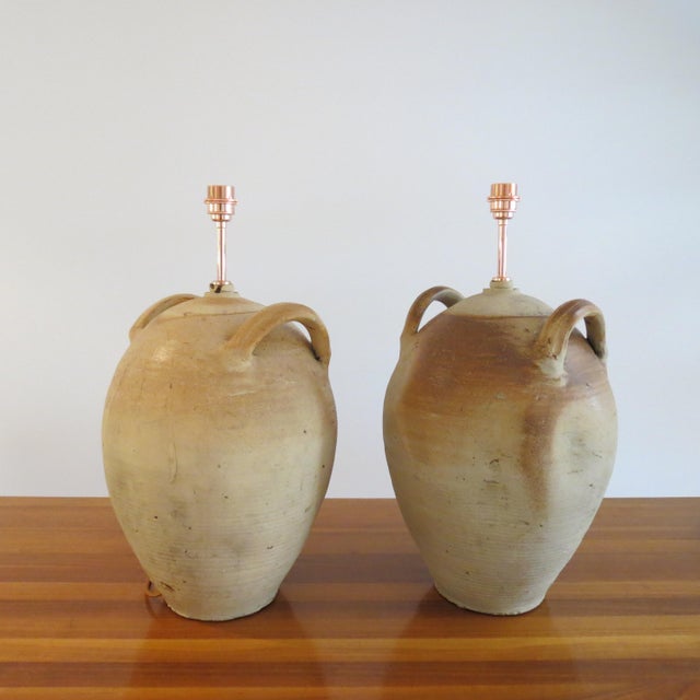 1950s Large Pottery Olive Oil Jar Table Lamps, Set of 2 For Sale - Image 5 of 16