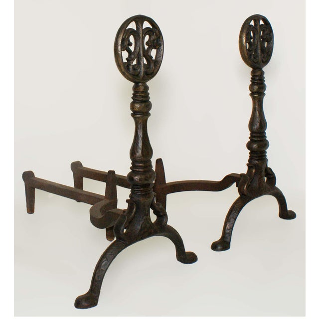 Traditional Antique Andirons With Dragon Medallion Finials on Turned Balusters and Splayed Feet - A Pair For Sale - Image 3 of 5