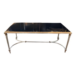 Vintage French Maison Jansen Steel, Brass and Black Glass Coffee Table For Sale