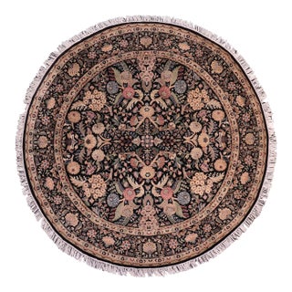 Shabby Chic Floral 1990's Pak-Persian Black/Black Wool Round Rug - 8'1'' X 8'5'' For Sale
