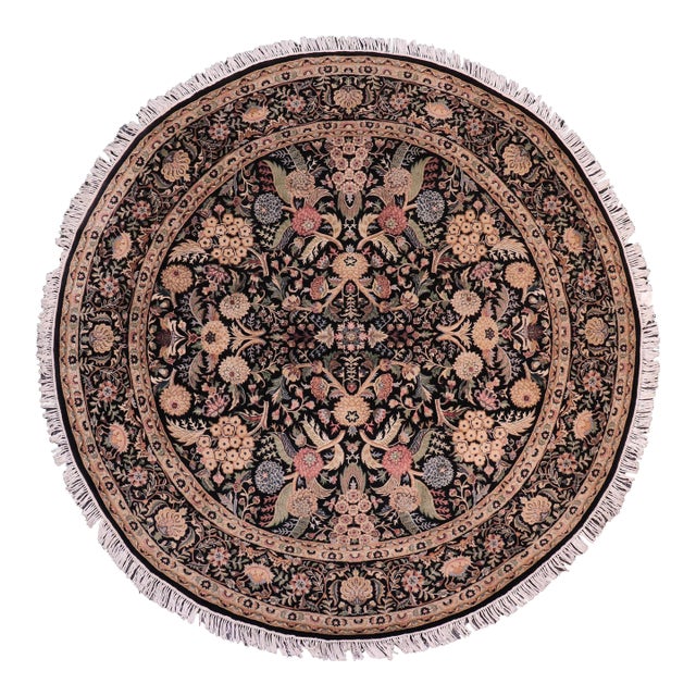 Shabby Chic Floral 1990's Pak-Persian Black/Black Wool Round Rug - 8'1'' X 8'5'' For Sale