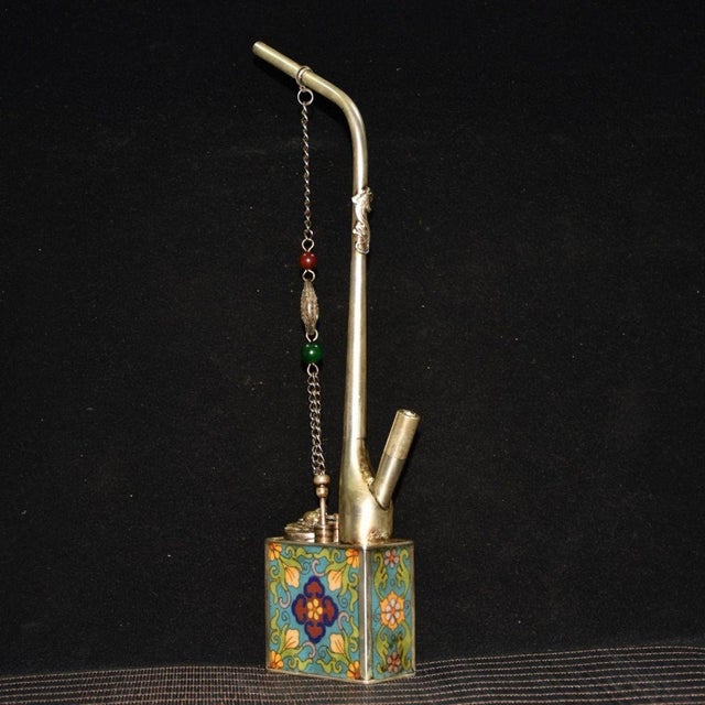 Asian Brass Water Pipe With Cloisonné Enamel Base & Chain For Sale - Image 3 of 9