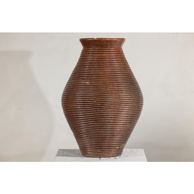 Contemporary Ribbed Vintage Pottery Vase With Burnished Surface For Sale - Image 3 of 18