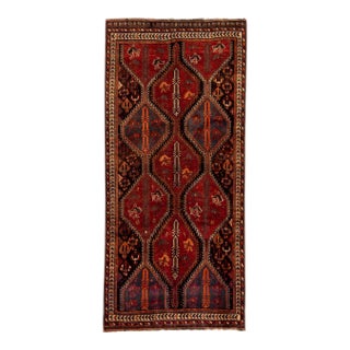 Vintage Shiraz Handmade Tribal Pattern Red Wool Rug For Sale