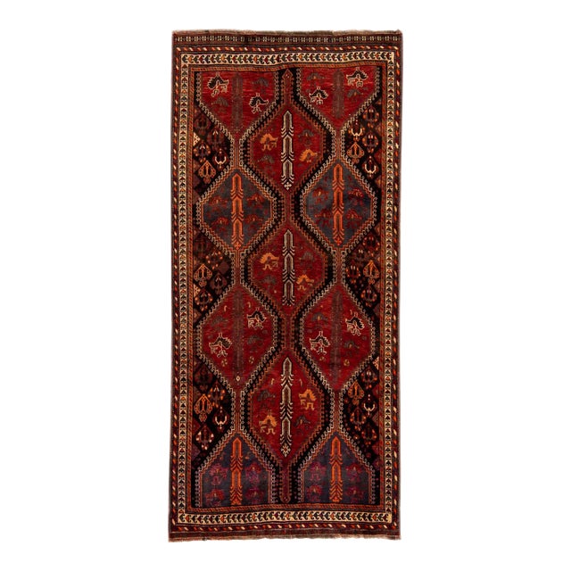 Vintage Shiraz Handmade Tribal Pattern Red Wool Rug For Sale