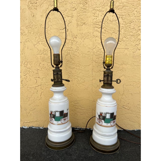Metal Mid 20th Century Mid Century White Ceramic Lamps With Antique Green Coupe Muel 120 Car For Sale - Image 7 of 11