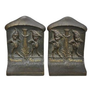 Antique Bradley & Hubbard See No Evil Gnome Mushroom Cast Iron Bookends - Pair For Sale