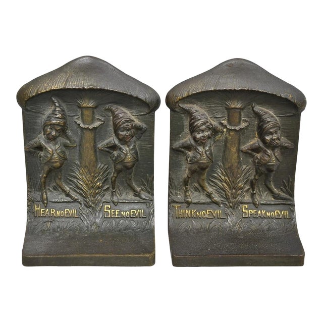 Antique Bradley & Hubbard See No Evil Gnome Mushroom Cast Iron Bookends - Pair For Sale