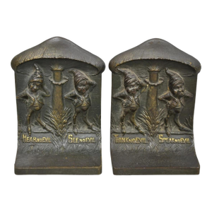Antique Bradley & Hubbard See No Evil Gnome Mushroom Cast Iron Bookends - Pair