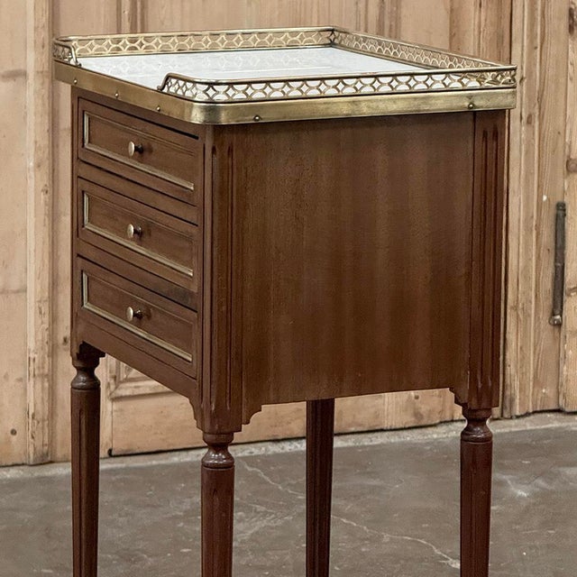 Antique French Louis XVI Mahogany Bedside Table With Carrara Marble and Brass Gallery For Sale - Image 11 of 15