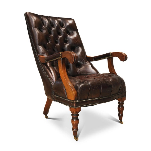 Brown William IV Brown Leather Chesterfield Library Chair on Castors For Sale - Image 8 of 8
