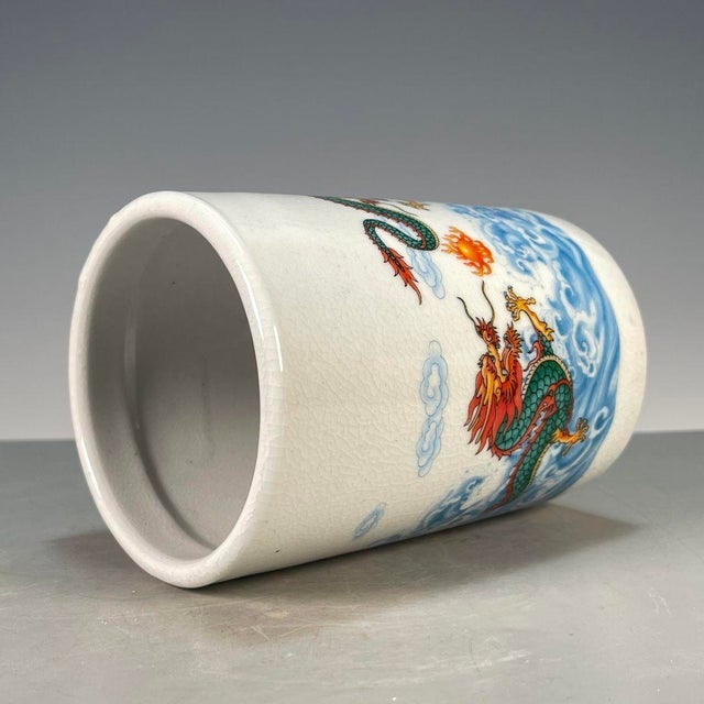Chinese Dragon & Wave Crackle Glaze Porcelain Brush Pot For Sale - Image 3 of 9