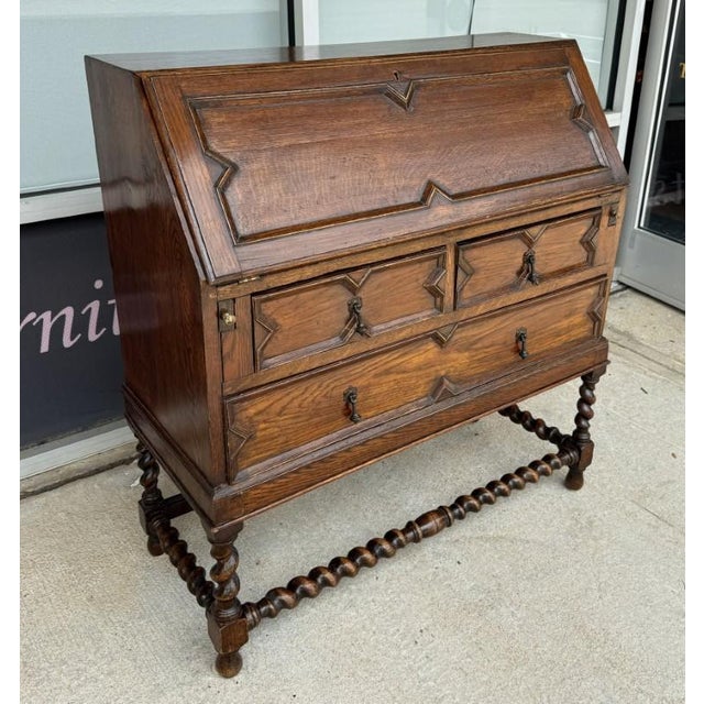 American C1900 Oak Barley Twist Secretary Desk For Sale - Image 3 of 12