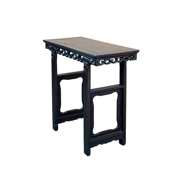 1970s Vintage Dark Brown Wood Ming Style Ru Yi Apron Console Altar Table For Sale - Image 5 of 13