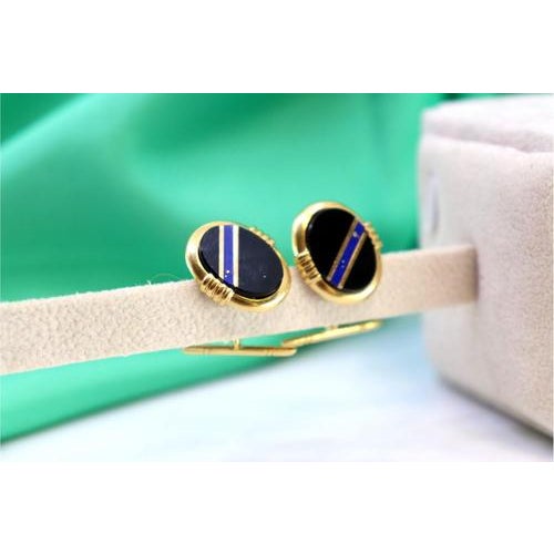 Gold Gold Cufflinks with Blue Stripe Reliefs on Oval Onyx, Set of 2 For Sale - Image 8 of 8