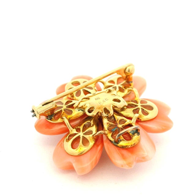 Italian Carved Coral & Diamond 18k Gold Flower Brooch Pendant, Circa 1970 For Sale - Image 10 of 13
