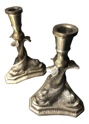 Brass Dolphin Fish Candlesticks - a Pair