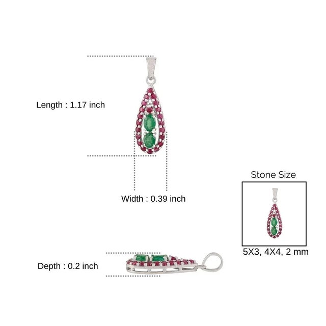Artisan Sterling Silver 3.54 Carat Emerald & Ruby Teardrop Pendant - Christmas Gift For Sale - Image 9 of 10