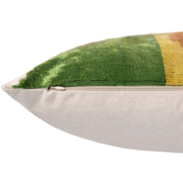 Textile Green Yellow and Lilac Abstract Silk Velvet Pillow 16x24 Handmade Luxury Cushion For Sale - Image 7 of 8