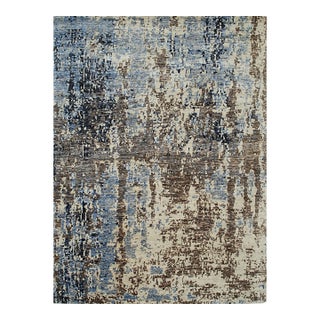 Celia Louie Blue Hand-Knotted Wool Rug Carpet, Abstract Contemporary Design For Sale