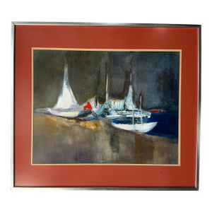 1970’s Vintage Harbor Boats Landscape Oil on Paper Painting, Unsigned