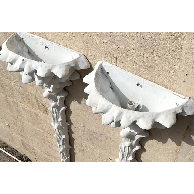 Sculpture Materials Vintage Coastal Cast White Plaster Palm Tree Wall Light Sconces - A Pair For Sale - Image 7 of 7