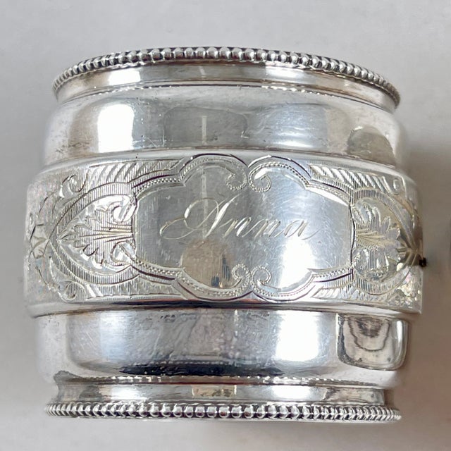 19th C. Sterling Silver Bright Cut Napkin Rings, a Pair For Sale - Image 4 of 6