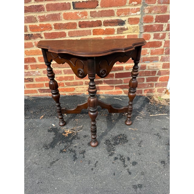 Early 20th Century Edwardian Carved Walnut Stretcher Demilune Console Table, For Sale - Image 4 of 13