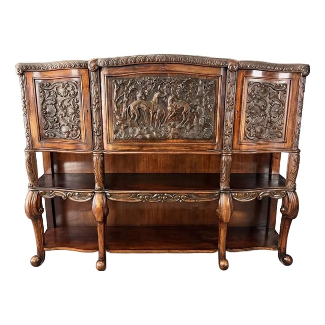 19th Century Heavily Carved Continental Drop-Front Bar With Greyhound Motif For Sale