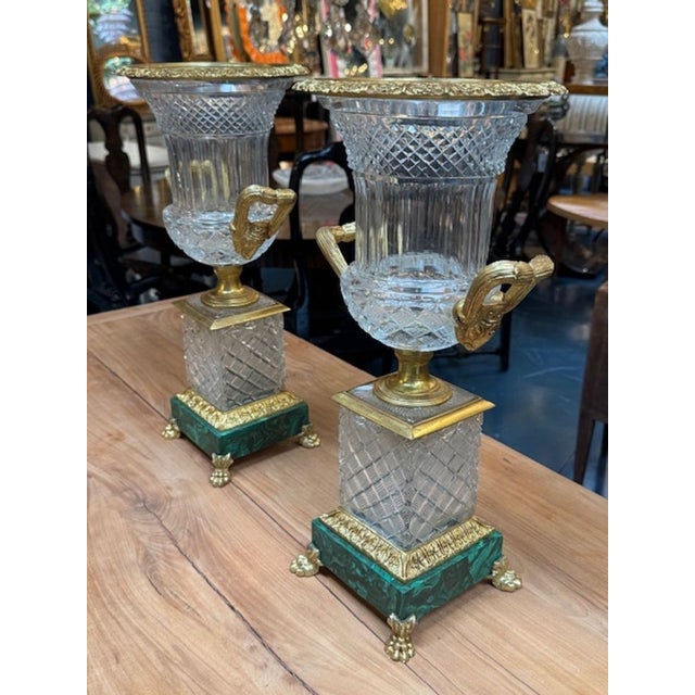 Pair of French Crystal and Bronze Vases on Malachite Bases For Sale - Image 4 of 7