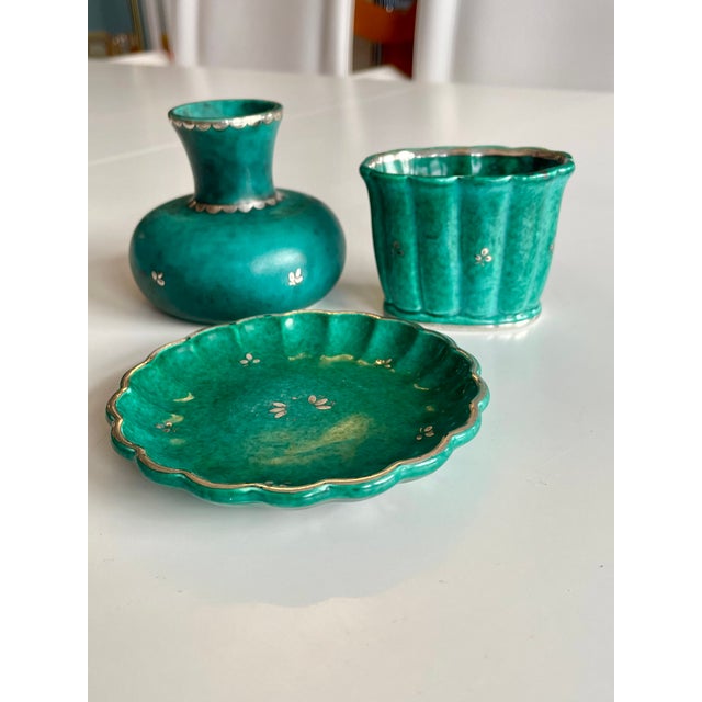 Green Vintage Ceramic Pieces by Wilhelm Kage for Gustavsberg, 1950s, Set of 3 For Sale - Image 8 of 9