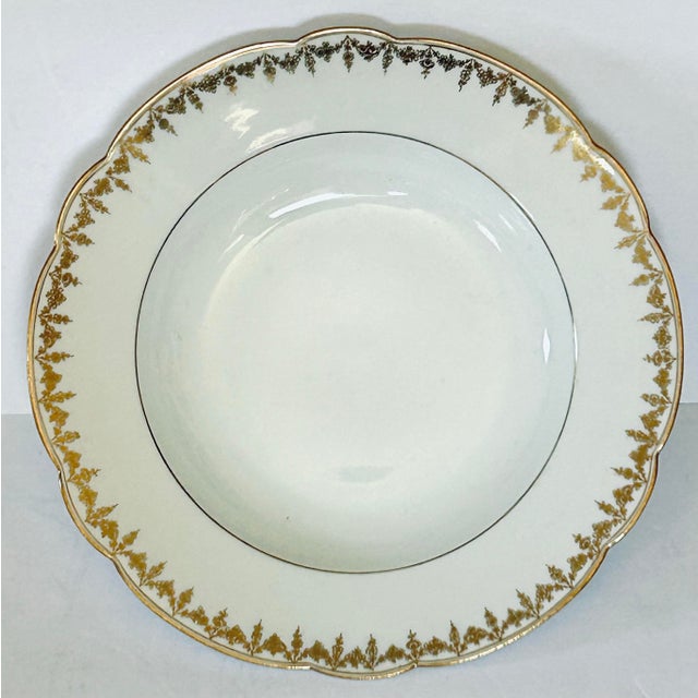 Antique rimmed soup bowls by the Limoges factory (often used for soups, pastas, or stews) featuring an intricate,...
