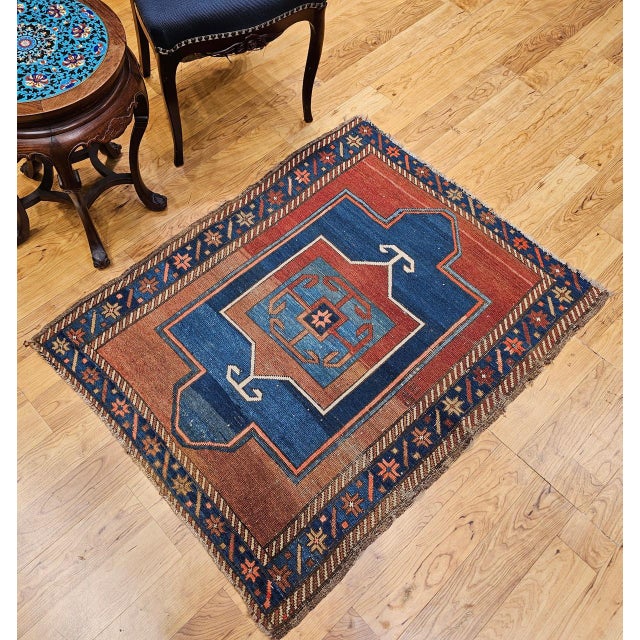 19th Century Caucasian Fachralo Kazak Prayer Area Rug, Persimmon & Blue, 3' x 4' For Sale - Image 15 of 15