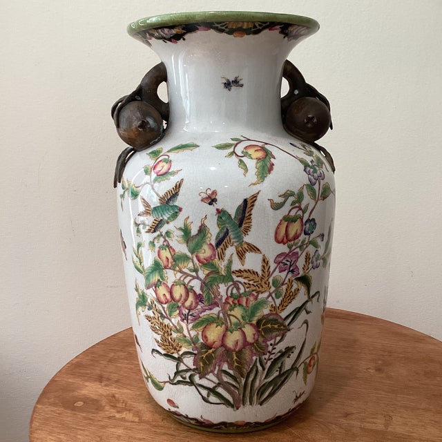 Chinese Late 19th Century Chinese Crackle Glazed Ceramic Porcelain Vase “Paradise Garden“ With Pomegranate Handles For Sale - Image 3 of 12