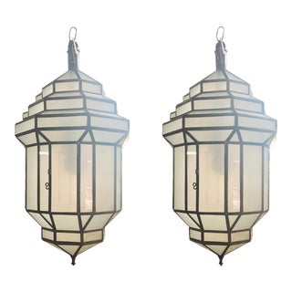 Art Deco Style White Milk Glass Handmade Chandelier, Pendant, Lantern, a Pair For Sale