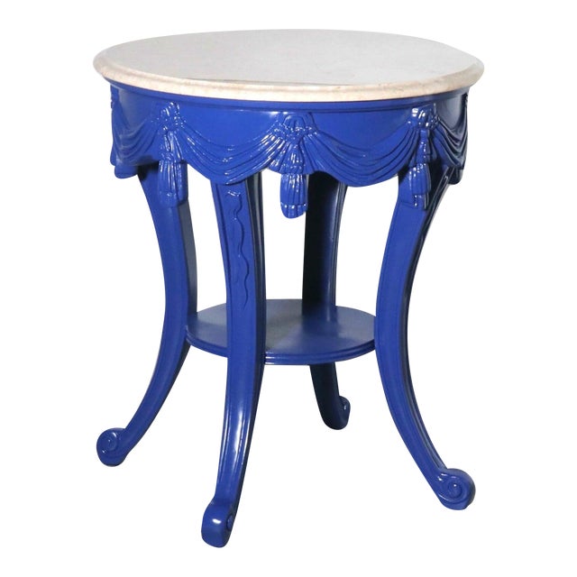 1990s Draped and Tasseled Yves Klien Blue Travertine Top Table For Sale