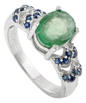 Elegant 925 Sterling Silver 9x7 Oval Emerald & Blue Sapphire Wedding Ring - Size 7