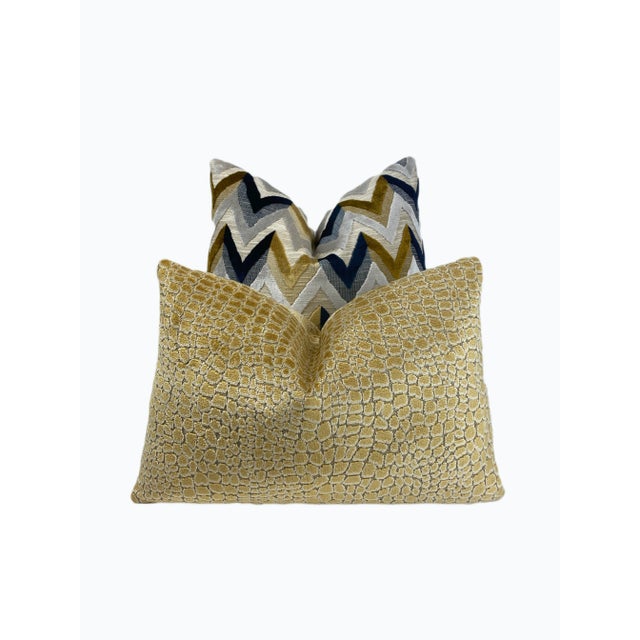 Gold Navy Cream Herringbone Velvet Throw Pillow With Insert For Sale In New York - Image 6 of 8