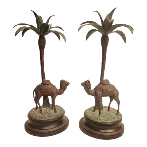 Maitland Smith Style Large Bronze Camel Regency Palm Tree Candle Holders- a Pair