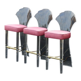 Hill Manufacture Lucite Scalloped Shell Back Bar Stools - Set of 3 For Sale