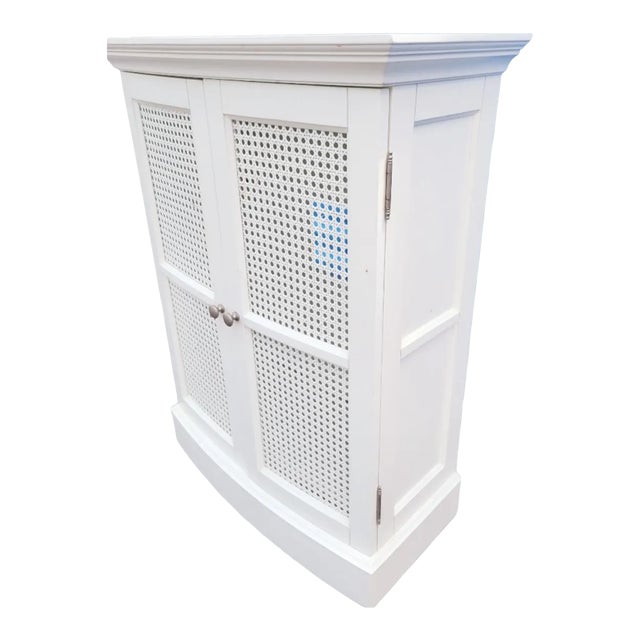 Oversized Vintage Cane and Wood 2 Door White Wall Medicine Storage Bathroom Cabinet For Sale