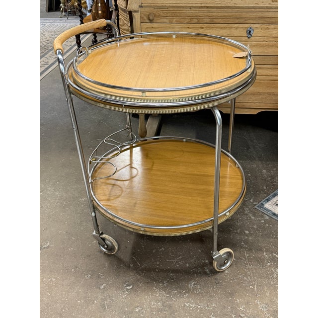 Vintage French Mid-Century Chrome & Wood Two-Tier Bar Cart With Removable Tray For Sale - Image 4 of 10