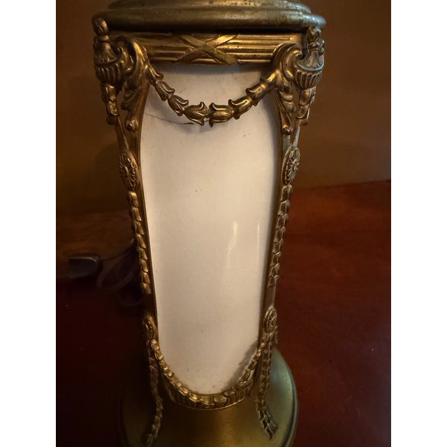 Pair of Vintage French Empire Brass & Milk Glass Table Lamps 12" X 4.5" Ca. 1950 For Sale - Image 4 of 18