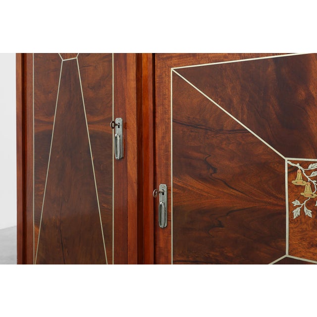Art Deco Marquetry Cabinet with Wrought Iron Mirror Crest, Belgium, 1920s For Sale - Image 13 of 17