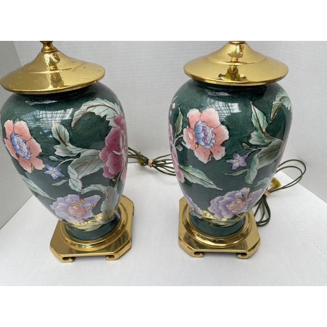 Green Vintage Chinoiserie Green Ceramic Floral Table Lamps With Brass Bases a Pair For Sale - Image 8 of 18