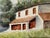 Original watercolor on textured paper depicting a white country house with warm red-brown roofs set beside a lush green...