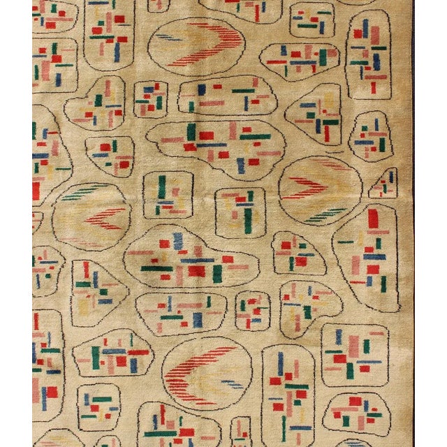 Yellow background vintage Turkish Mid-Century Modern rug with geometric motifs, rug TU-MTU--03, country of origin / type:...