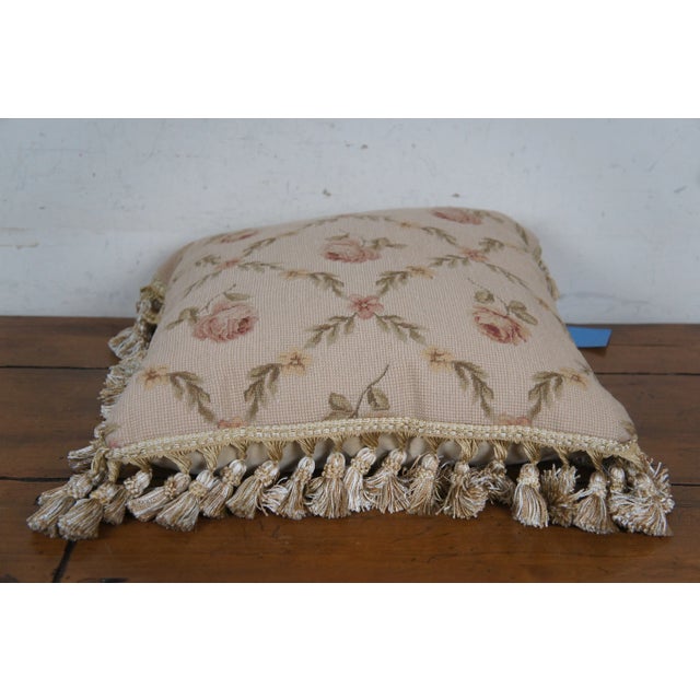 Mid 20th Century Down Filled Floral Crossed Roses Needlepoint Tassel Lumbar Throw Pillow For Sale - Image 4 of 11