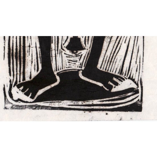 1968 modern woodblock print in black. Signed illegibly lower center and dated 1968. Marked as print number 21 lower right....