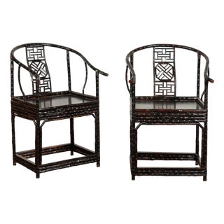 Pair of Chinese Ming Dynasty Style 1920s Horseshoe Back Bamboo Armchairs For Sale